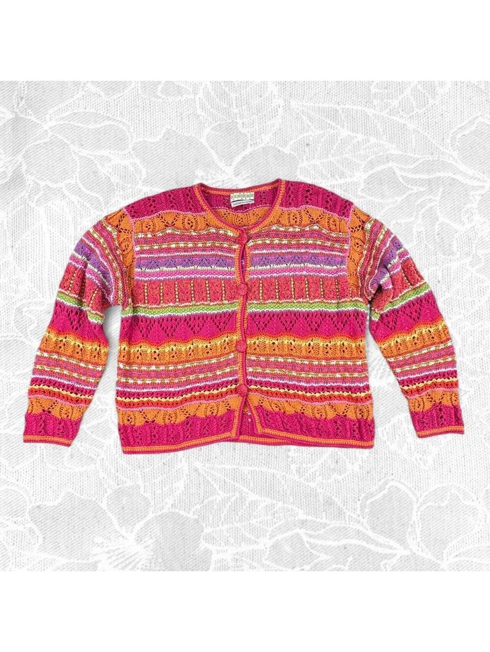 Sigrid Olsen Sport Y2K Orange PinK Purple Green Cotton Blend Hand Knit Cardigan